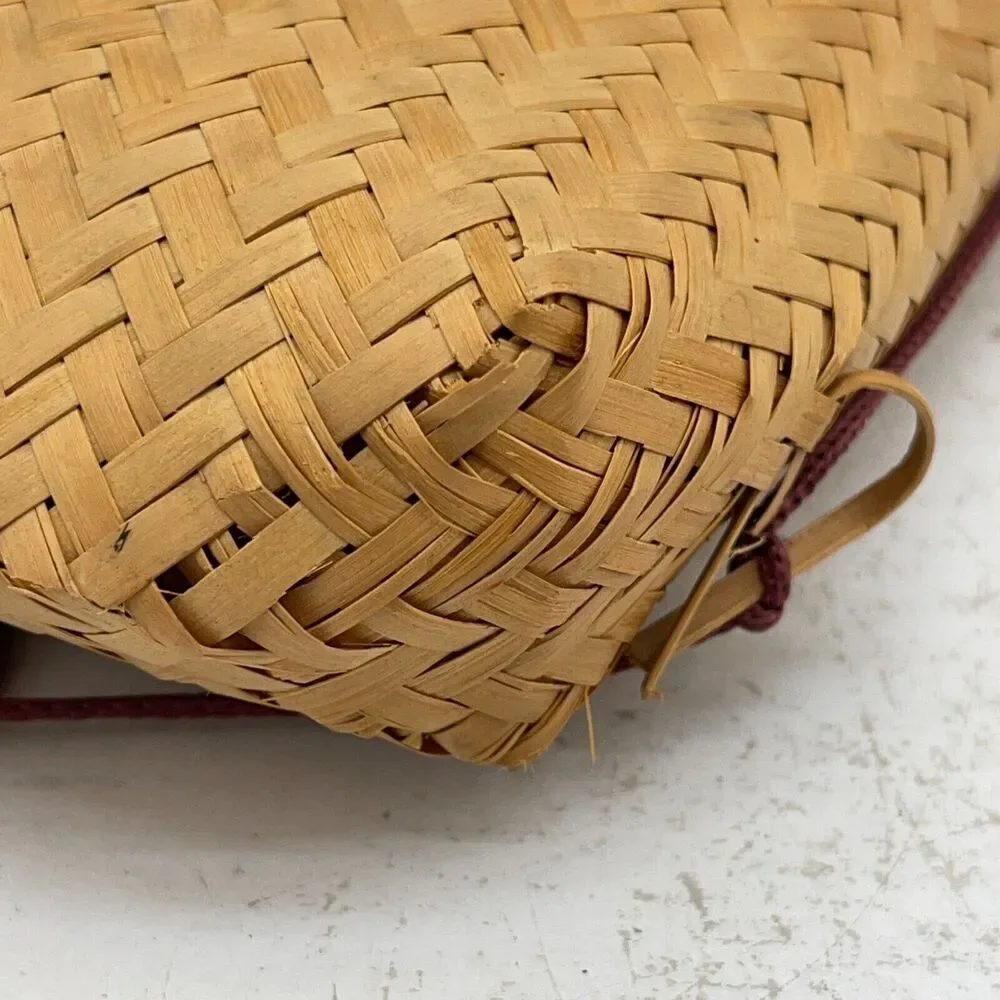 Handmade Woven Bag Backpack Vintage Basket Tan Bamboo With Lid & Chinese Coin
